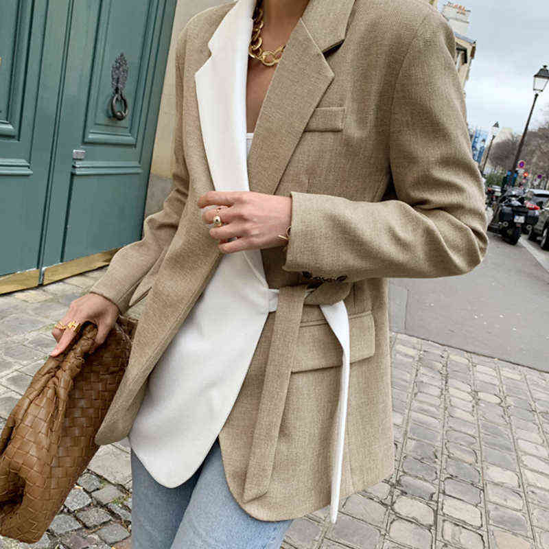 TWOTWINSTYLE Casual Patchwork Hit Color Blazer For Women Notched Long Sleeve Lace Korean Jacket Female Fashion Clothes Style 211122