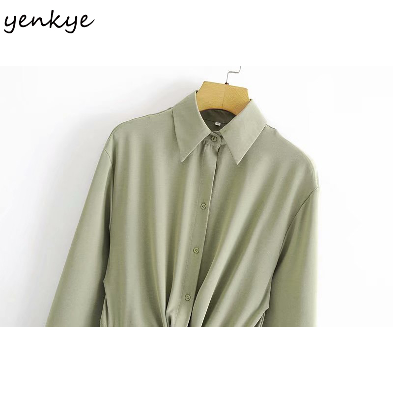 YENKYE Vintage Solid Color Long Maxi Dress Women Front Knot Long Sleeve Lapel Collar A-line Casual Winter Dress Plus Size Robe 210515