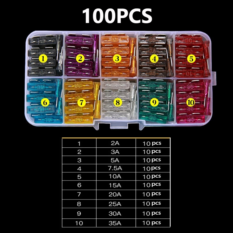 100PCS 50PCS Car Fuses 2A 3A 5A 75A 10A 15A 20A 25A 30A 35A Amp with Box Clip Assortment Auto Blade Type Fuse Set Truck