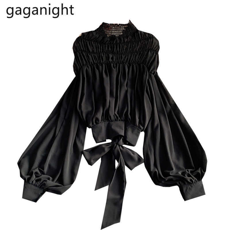 Women Chiffon Blouses Elegant Office Ladies Tops Spring Solid Half Turtleneck Shirts Long Lantern Sleeve Party Blusas 210601