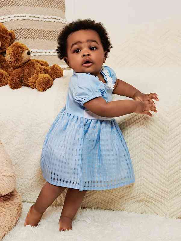 Baby Puff Sleeve Zip Back Appliques Dress SHE
