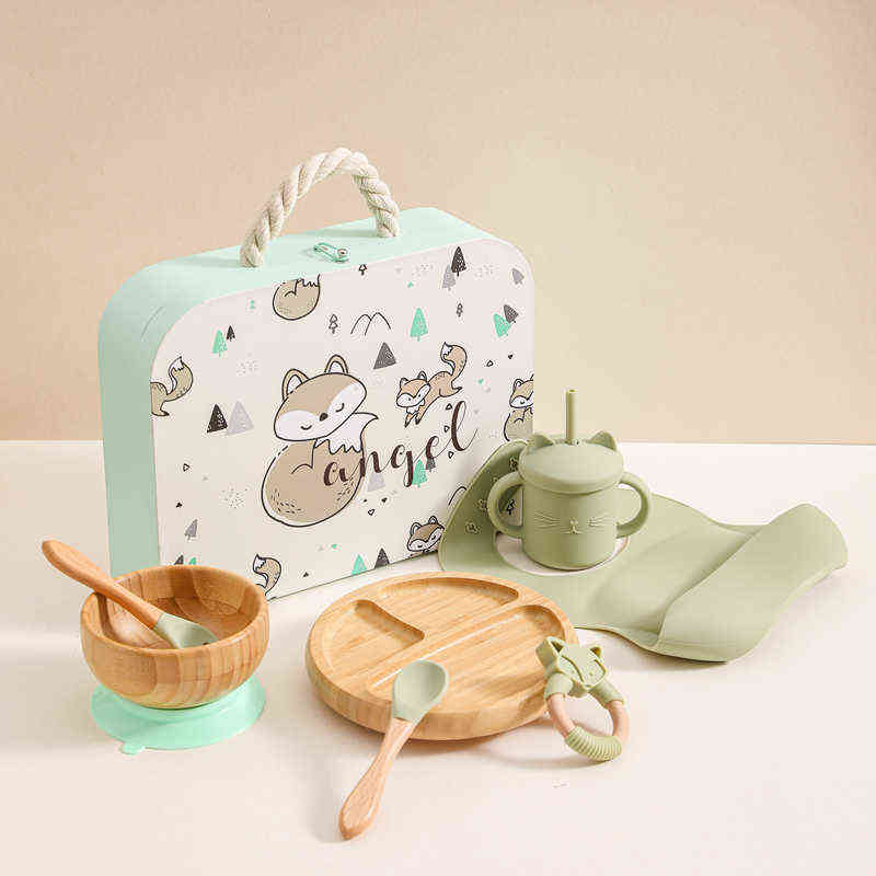 Children's Tableware Suction Cup Plate Baby Dishes 7Pcs/Set Silicone Feeding Set Kids Bibs Spoon Dish Dispensing Drinking Bowl 211027