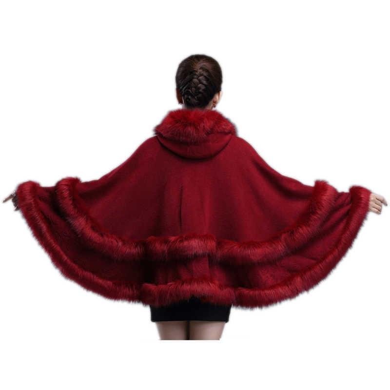 EuropeStyle Fashion Double Fur Coat Cape Hooded Knit Cashmere Cloak Cardigan Outwear Plus Size Women Winter Shawl 1.1kg 210928