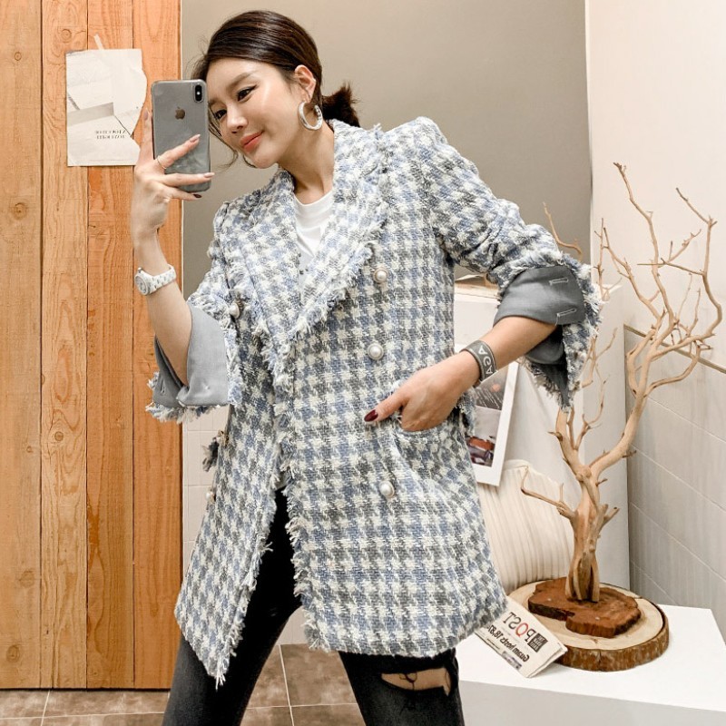 Korean Autumn Elegant Office Lady Fashion Winter Jackets Women Tassel Vintage Plaid Tweed Coat Women Clothes Mujer 210518
