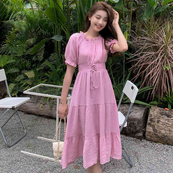 French Women Summer Midi Beach Dress Fashion Sweet Puff Sleeve High Waist Lace Up Elegant Solid Woman Dresses Female 210519