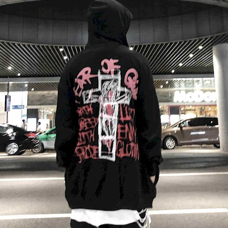 Hoodie men shirt Gothic style dark graffiti high street hooded sweatshirt male cross print niche hip-hop lazy fashion top 210526