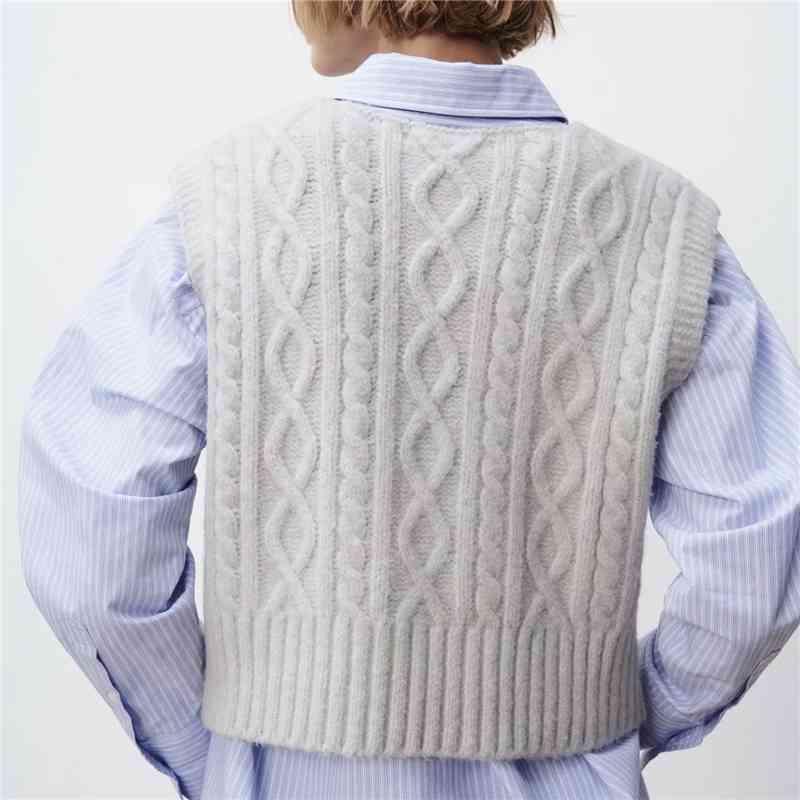 Streetwear Women V-Neck Sweaters Vest Fashion LadiesTwist Knitted Tops Elegant Female Chic Solid Grey Tanks 210430