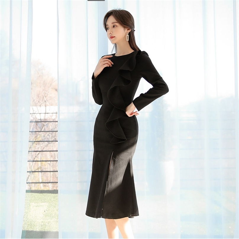 Black SPlit Dress korean ladies Sexy long Sleeve Crew neck office party for women clothing 210602
Black SPlit Dress korean ladies Sexy long Sleeve Crew neck office party for women clothing 210602