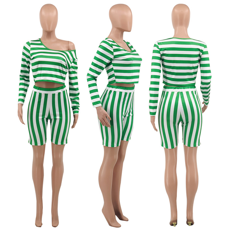 3xl 4XL Plus Size Outfits Summer Women Two Piece Set Long Sleeve pullover sweatshirt Shorts matching set Striped Tracksuits Casual Sportswear