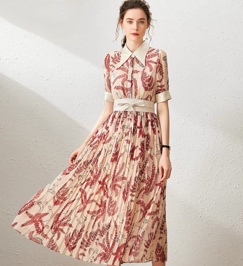 Pleated Dress Summer Women Turn Down Collar Patchwork Printed Short Sleeved Slim Belted Elegant Dresses Casual z 210421