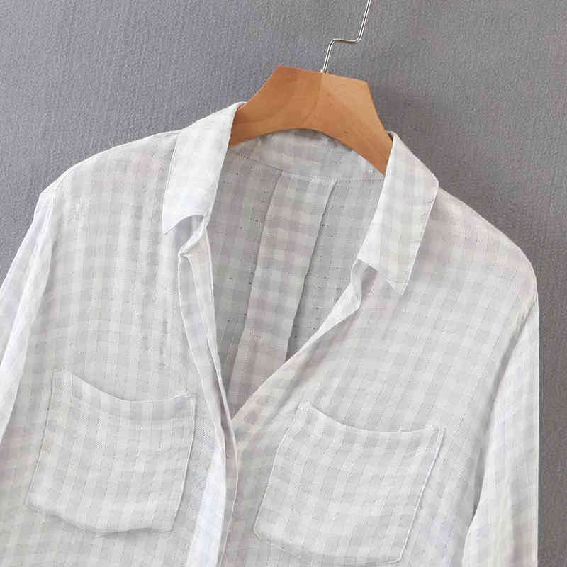 Casual Plaid Blouse Women Loose Long Sleeve Back Split Tunic Tops Turn Down Collar Ladies Office Shirt With Pockets 210515