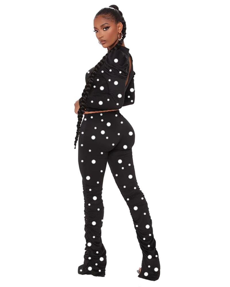 Black White Dot Printed Elegant Work Wear Women Two Piece Outfits Long Sleeve Slim-Fit Crop Top Tunic High Waisted Pants Sets Women's Tracks