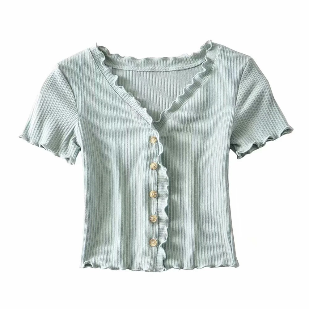 70's Vintage Rib Knit Wood ears V neck Short Sleeve Tee Base T-shirts Summer Single-breasted Button T-shirt crop top 210429