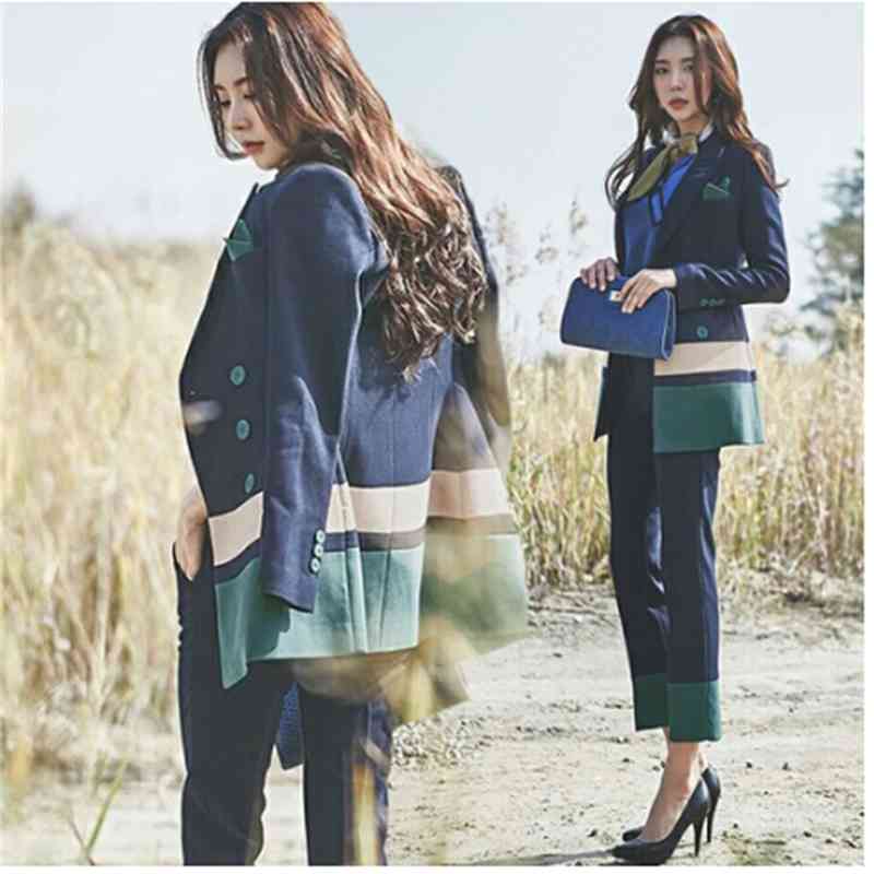 Women Spring Two Piece Set Office Suit Autumn Double Breasted Long Jacket+Long Pant Suits Businness Work Wear 210520