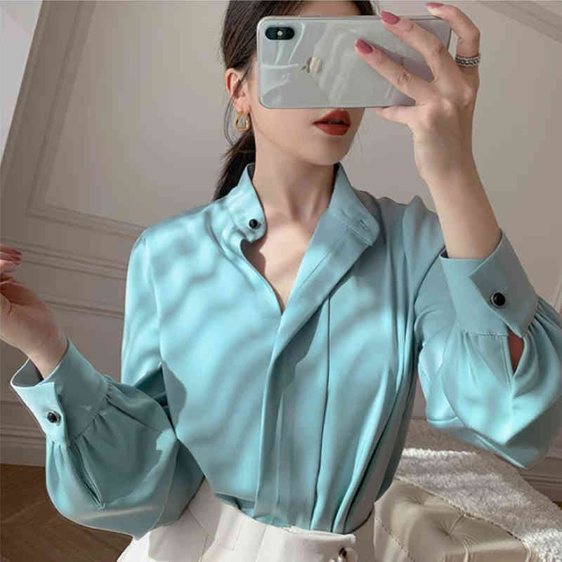 Silk Satin Women Blouse and Tops Office Lady Solid Stand Collar Shirts Plus Size Loose Puff Sleeve Clothing 13221 210508