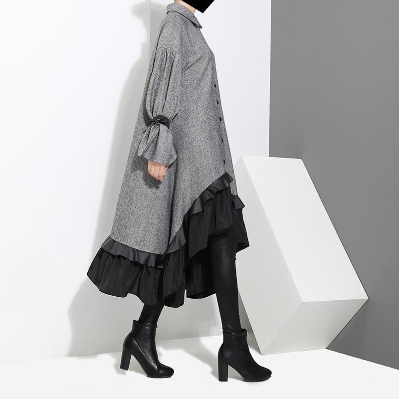 Casual Dresses Women Dress Elegant Irregular Hem Spring And Autumn Temperament Loose Ruffle Solid Flare Sleeve Lugentolo