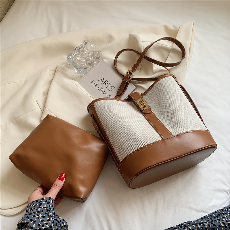 HBP Canvas Bucket Handbag Female New Simple Large Capacity Shoulder Bags Fashion French Color Colors Ladies Bag Wholesale