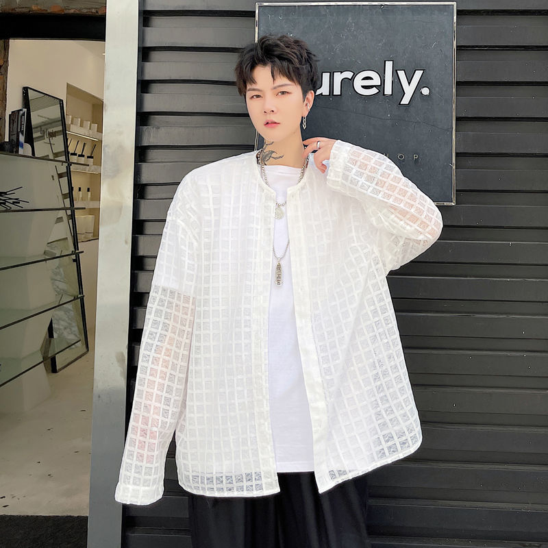 IEFB Summer Solid Color Plaid Mesh Round Neck Loose Men's Long Sleeve Sunscreen Shirt O-neck Casual Oversized Tops 9Y7517 210524