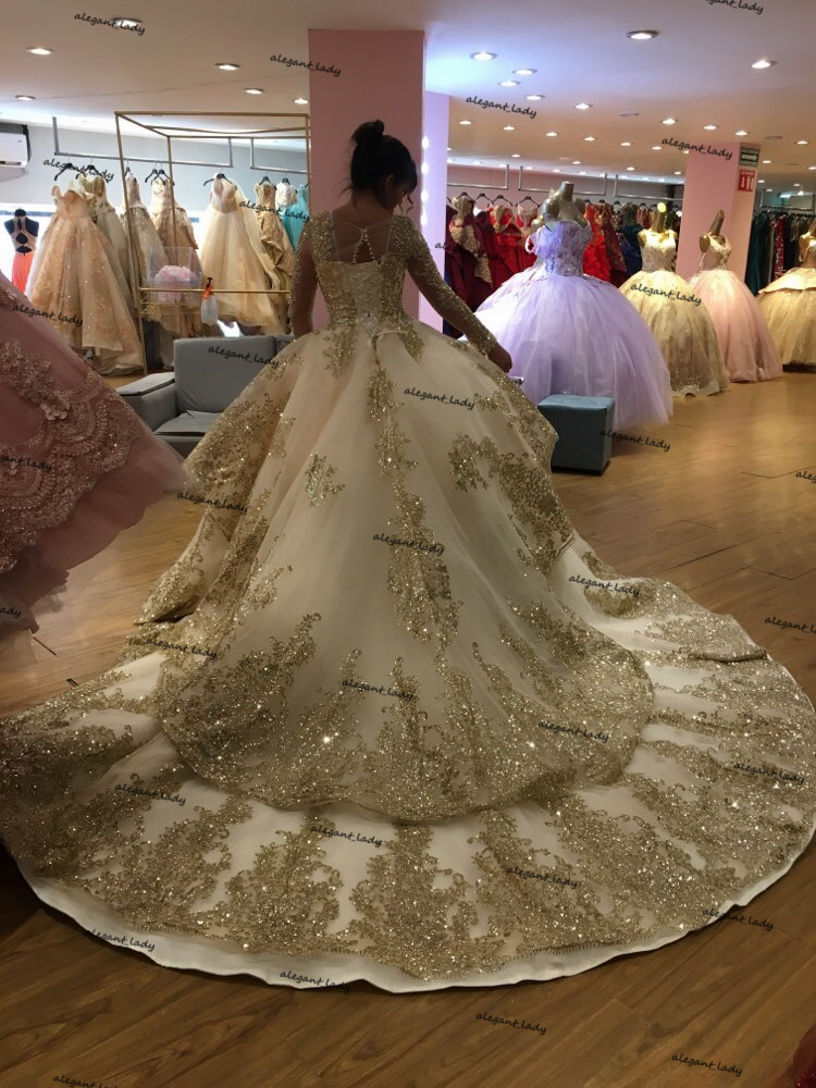 Luxury Gold Princess Wedding Dresses with Long Sleeve Full Lace Applique Cathedral Train Lace-up Aso Ebi Bridal Gown