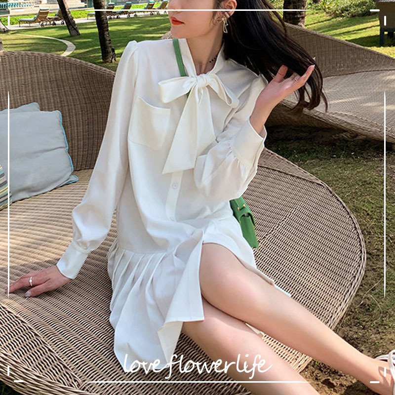 Pleated Shirt Dress Women Long Sleeve Solid Bow Office Lady Elegant White Mini Dress Female Summer Dress Korean 210521, Blue 
Pleated Shirt Dress Women Long Sleeve Solid Bow Office Lady Elegant White Mini Dress Female Summer Dress Korean 210521, Blue