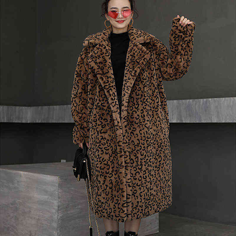 Winter Thick Warm Leopard Long Teddy Fur Coat Women Outerwear High Quality Loose Suit Collar Faux Rabbit Fur Jacket Female 211123