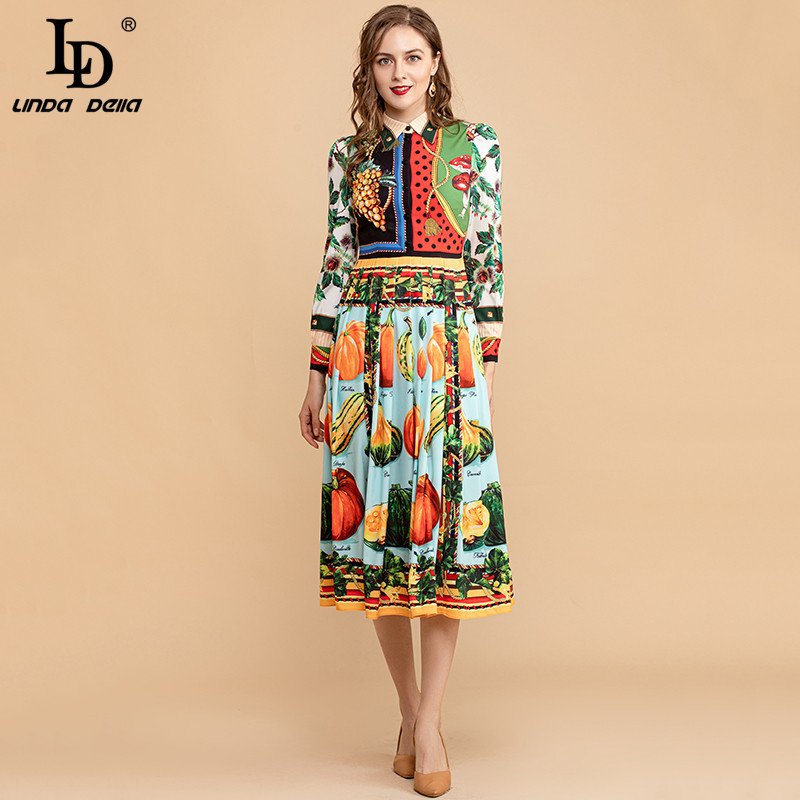 Summer Fashion Runway Vintage Dress Women Long Sleeve Multicolor Fruits Vegetables Print Midi Elegant 210522