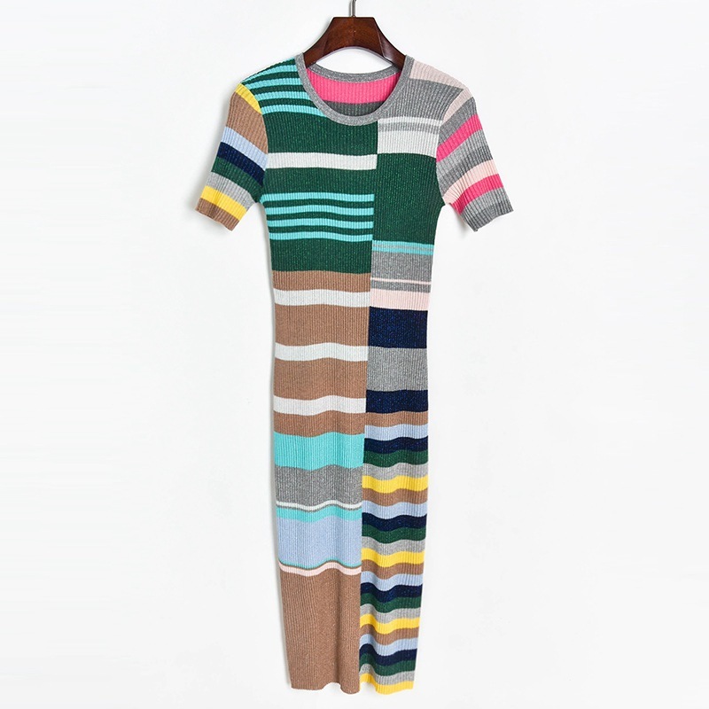 Summer Women 0-Neck Short Sleeve Striped Bodycon Knee Length Dress Sexy Partynight Club Intarsia Sweater C-065 210522