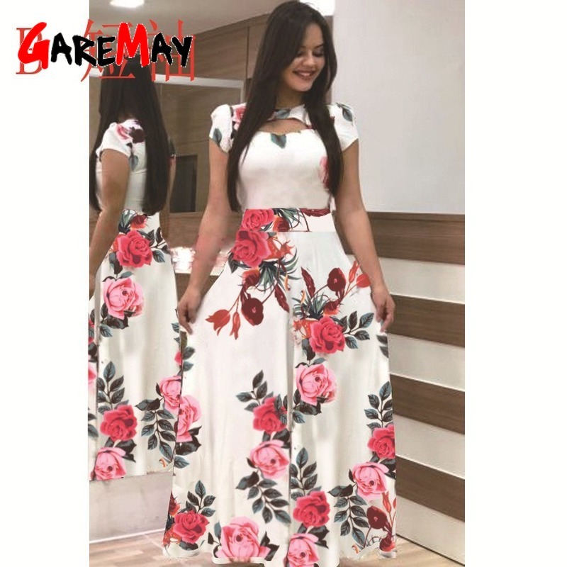 Spring Summer Women Fashion Floral Print Maxi Dress Short Sleeve Casual Black Elegant Prom Sexy Long Female Vintage 210428