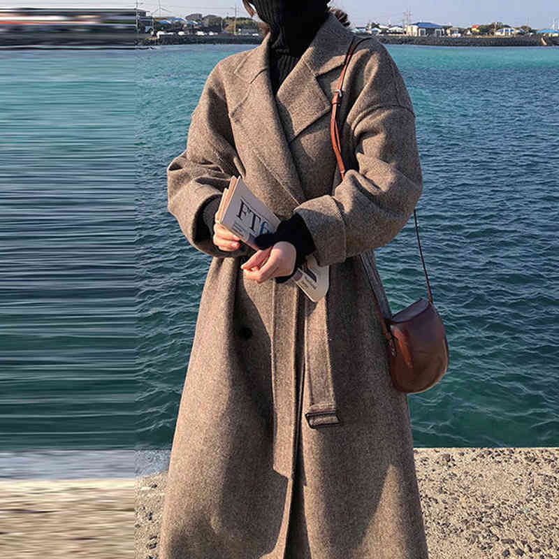 Striped Fashion Wool Coat Jacket Women Lace Up Long Blend Elegant Ladies Coats Plus Size Turn Down Collar Outwear Abrigo Mujer 210515