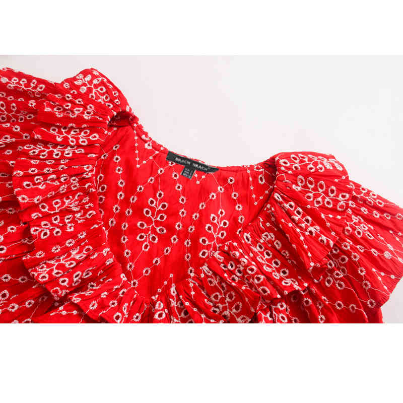 Summer Women's Dress Sexy V-neck Bubble Sleeve Blouse Retro Heavy Embroidery Shirt with Flurried Trim Female 210507