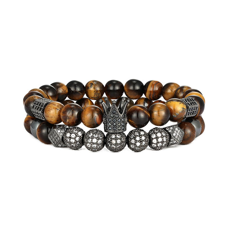 High Quality Tiger Eye Beads Strands Gold Plated Copper Crown Charm Bracelet Jewelry for Men Gift