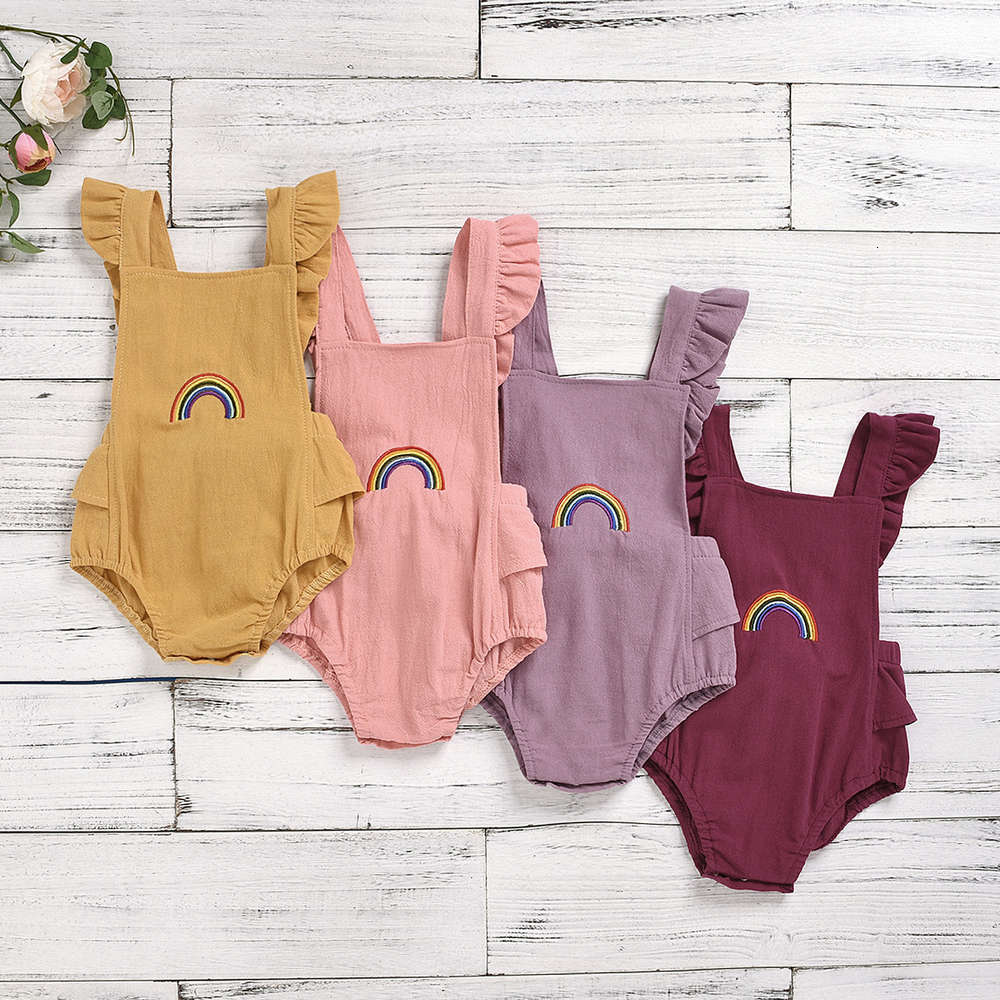 Spring and summer baby boys' girls' clothing woven hemp cotton aircraft sleeve bage rainbow embroidered Khaki one piece climbing suit, White
Spring and summer baby boys' girls' clothing woven hemp cotton aircraft sleeve bage rainbow embroidered Khaki one piece climbing suit, White