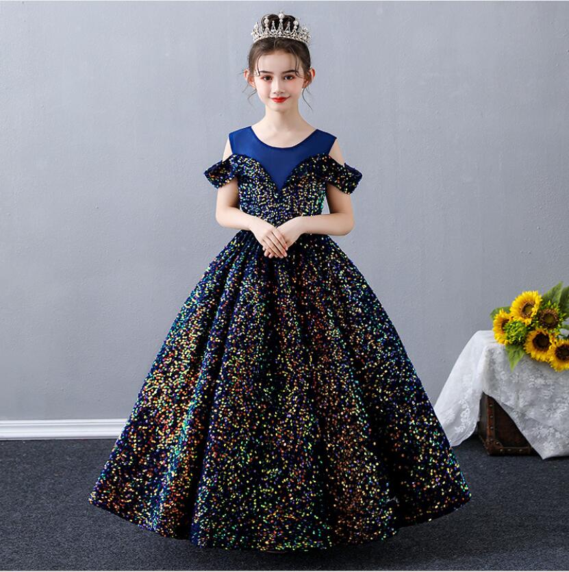 Flower Girl Formal Evening Party Dresses Sparkly Sequins Tulle Princess Gown Girls Long Wedding Junior Bridesmaid Clothes 2025