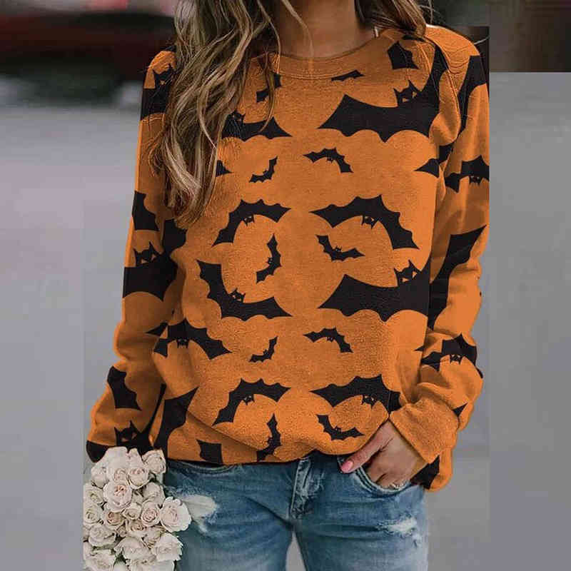 Bat Shirts Pattern Print Pullover Harajuku Shirt Women O Neck Long Sleeve Shirt Loose Tops Pullover Ladies Plus Size Graphic Tee 210515