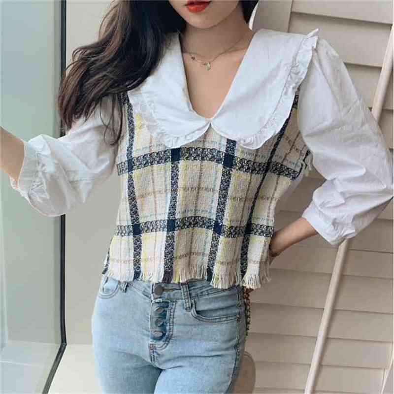 Women Blouse Elegant Autumn Korean Fashion Temperament Sweet Peter Pan Collar Patchwork Pliad Tweed Tassel Shirt Femme 210519, Photo color
Women Blouse Elegant Autumn Korean Fashion Temperament Sweet Peter Pan Collar Patchwork Pliad Tweed Tassel Shirt Femme 210519, Photo color