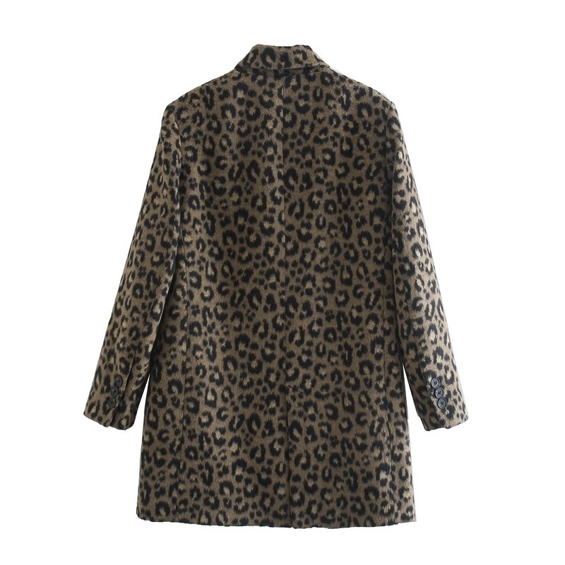 Winter Coffee Animal Leopard Pattern Elegant Woolen Blends Coat Notched Collar Long Sleeve Mid OL Blazer Outerwear 210429