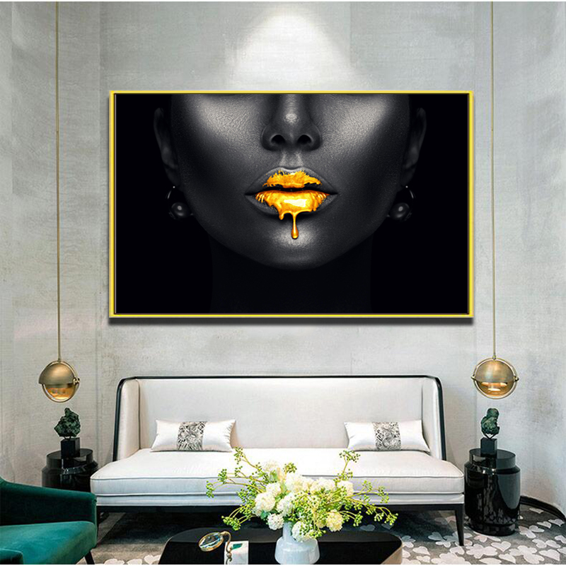 Gold Lips African Black Woman Canvas Paintings on The Wall Art Posters and Prints Black Face Pictures for Living Room