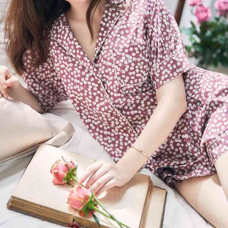 Vintage Print 2 Pcs Women Set Turn Down Collar Short Sleeve Shirt + High Waist Wide Leg Shorts Spring Pajama Suit 210524