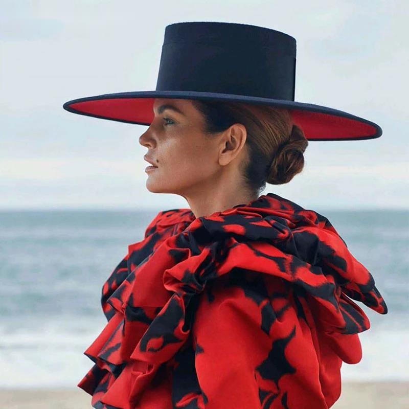 Wide Brim Hats Double Layer Color Matching Woolen Fedoras Hat For Women Big Flat Black Wholesale