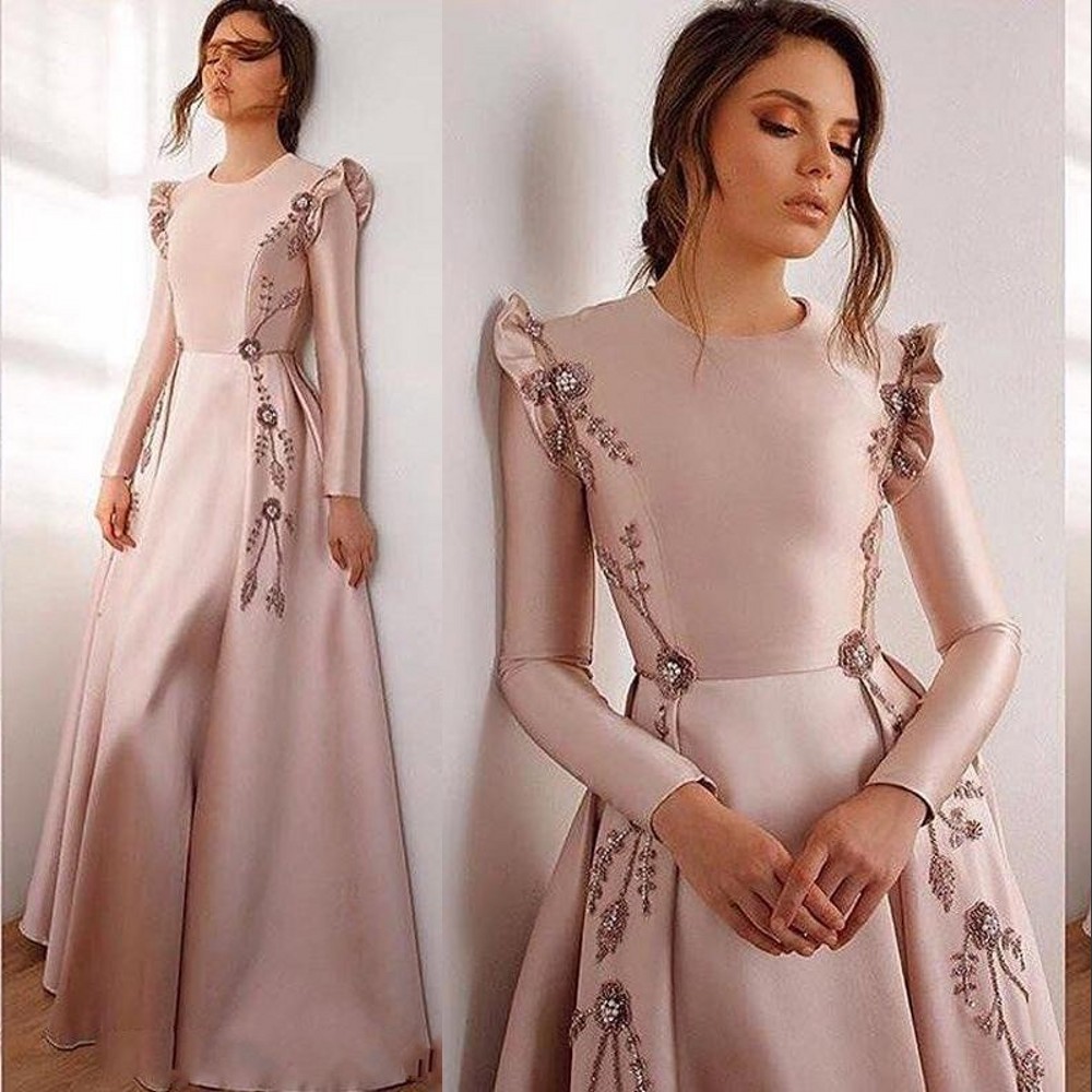 2021 Elegant Blush Pink A Line Prom Dresses Jewel Neck Full Sleeves With Ruffles Lace Crystal Beaded Long Party Evening Gowns