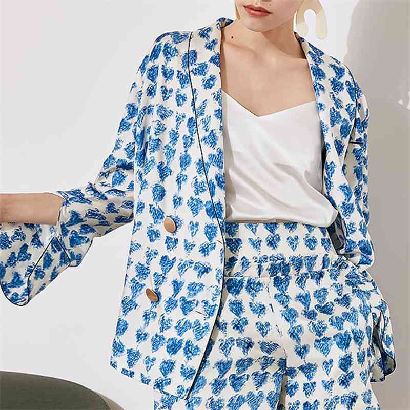 Free Elegant Women's Satin Printed Blazer Set Lapel Long Sleeve Double Breasted & High Waist Shorts 210524