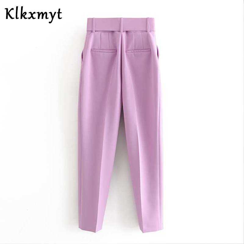 Elegant Office Wear Purple Pant Women with Belt Sashes Pockets High Waist Suit Pants Fashion Female Casual Chic Trousers 210527