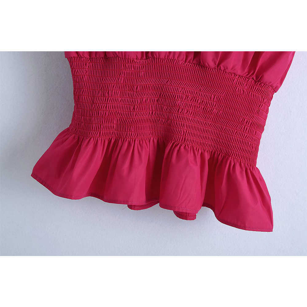 Women Summer Poplin Top with Bow Smocked Elastic Ruffled Hem Casual Fashion Sleeveless Woman Top 210709