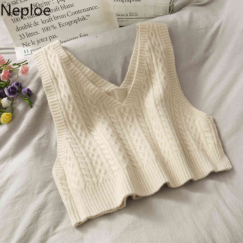 Neploe Korean Sweater Vest Women Knitted Cropped Double V-neck Sleeveless Waistcoat Solid Color All-match Tank Tops Coat 4G765 210422