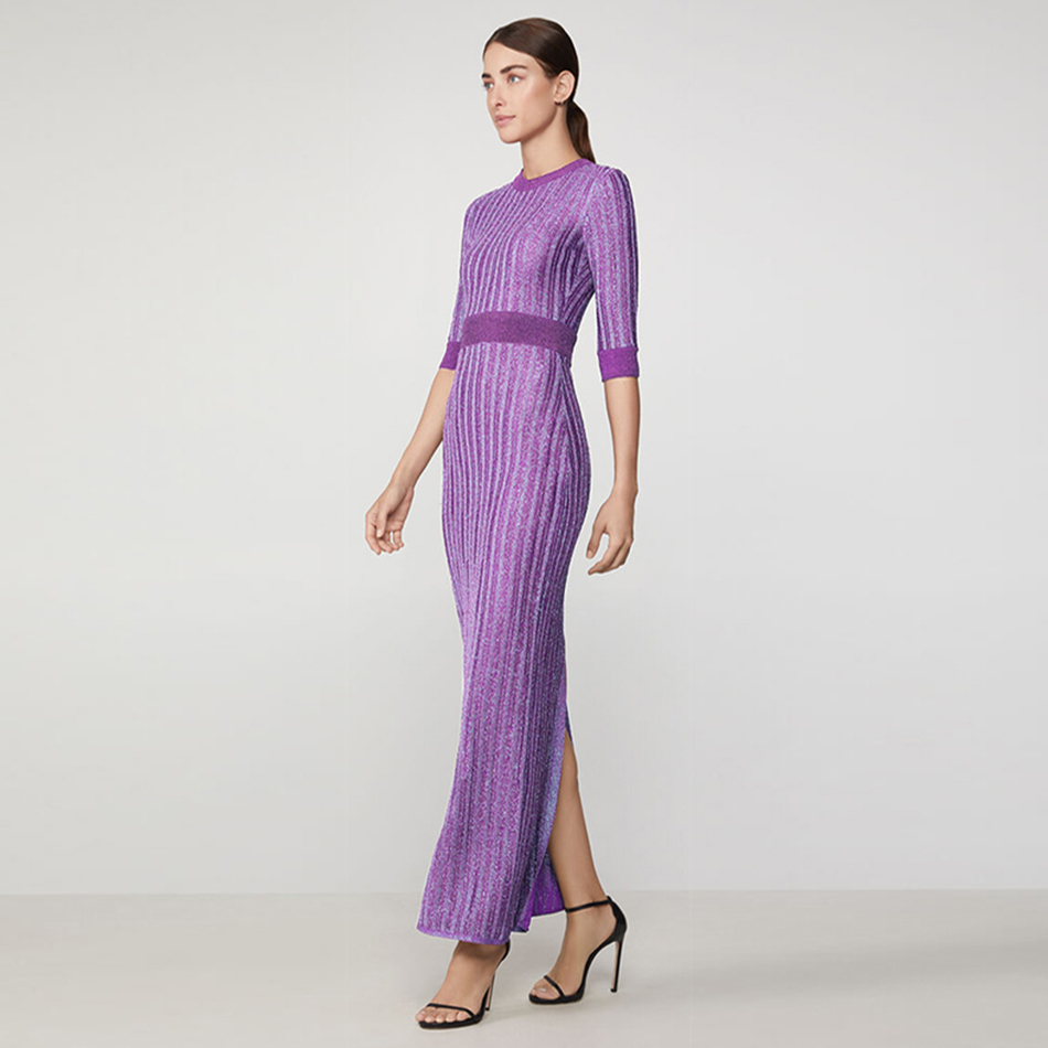 Summer Women Long Sleeve Rayon Bandage Dress Sexy Violet Striped Club Celebrity Evening Runway Party Maxi Dresses 210423