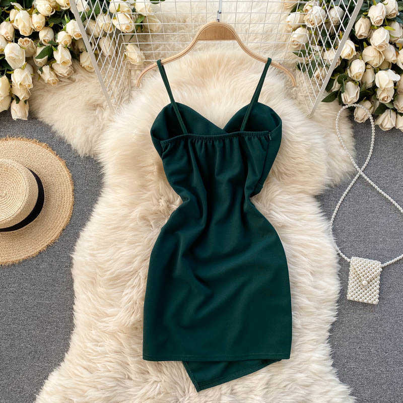 Korean Fashion Women V-neck Slim Irregular Evening Dress Lady Sleeveless Solid Color Min Vestido De Mujer R240 210527