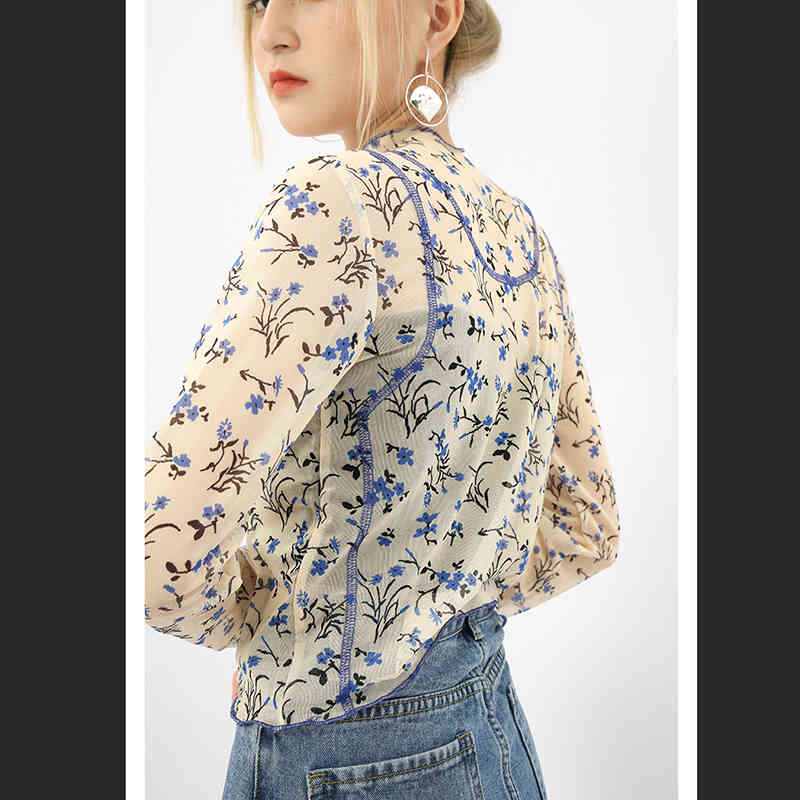 Personality Transparent Lace Tops Womne's Summer Round Neck Slim Thin Floral Long Sleeve T-shirt Female 5C79 210427