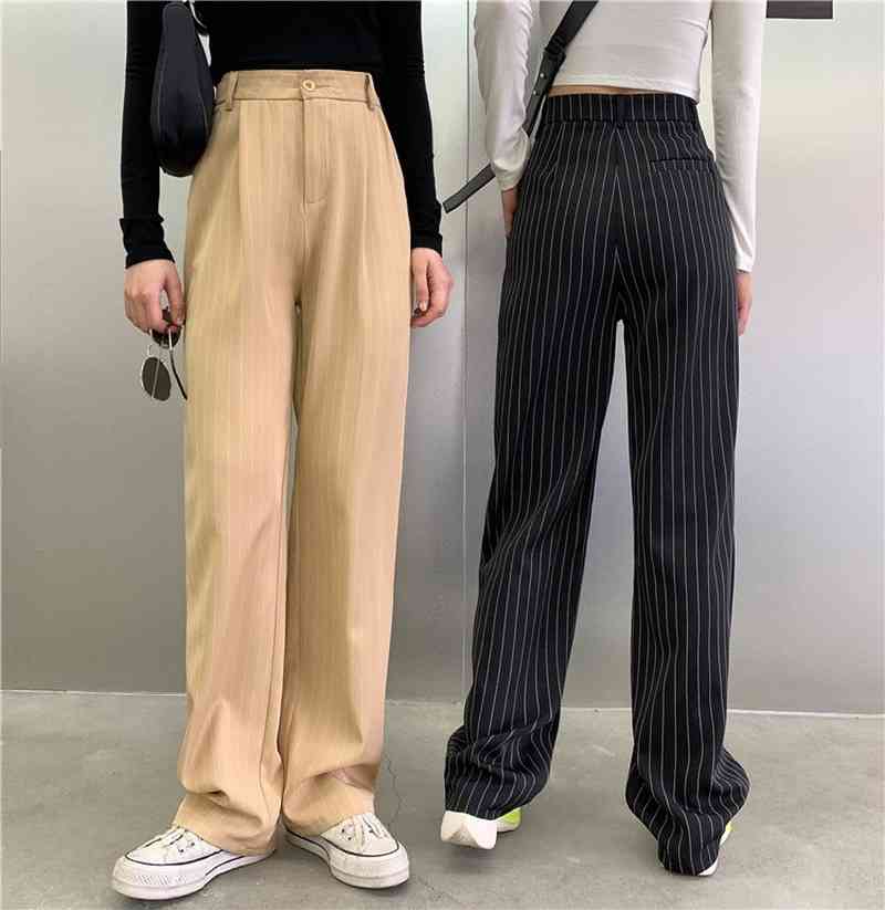 Loose Black Oversize High Waist Striped Tailored Trousers Women Chic Khaki Straight Wide Leg Pants Streetwear Retro Pantalones 210429