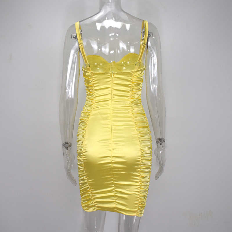 Colysmo Women Sexy Dress Summer Chest Curve Cut Side Ruched Bodycon Party Plus Size Glossy Satin White Lemon 210527