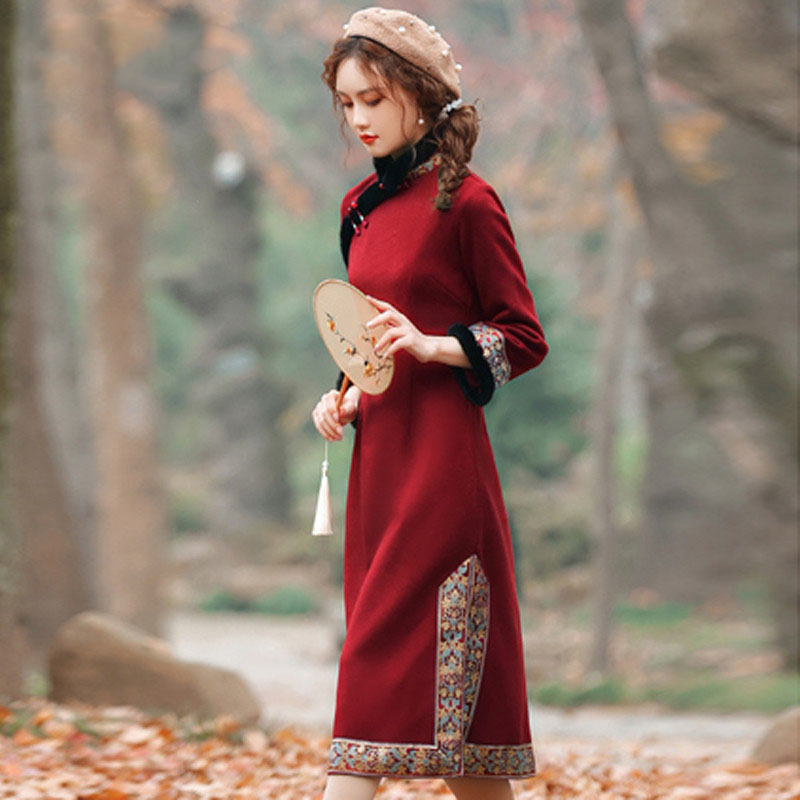 Ethnic Clothing Chinese Cheongsam dress For Women Winter Autumn tang suit New Year party Costume Red Shanghai story Qipao